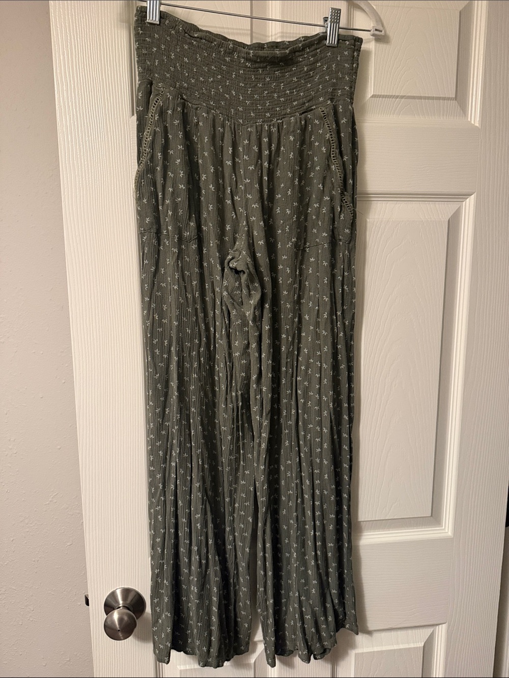 Smocked Waist Wide Leg Pants - Olive with Tiny White Print